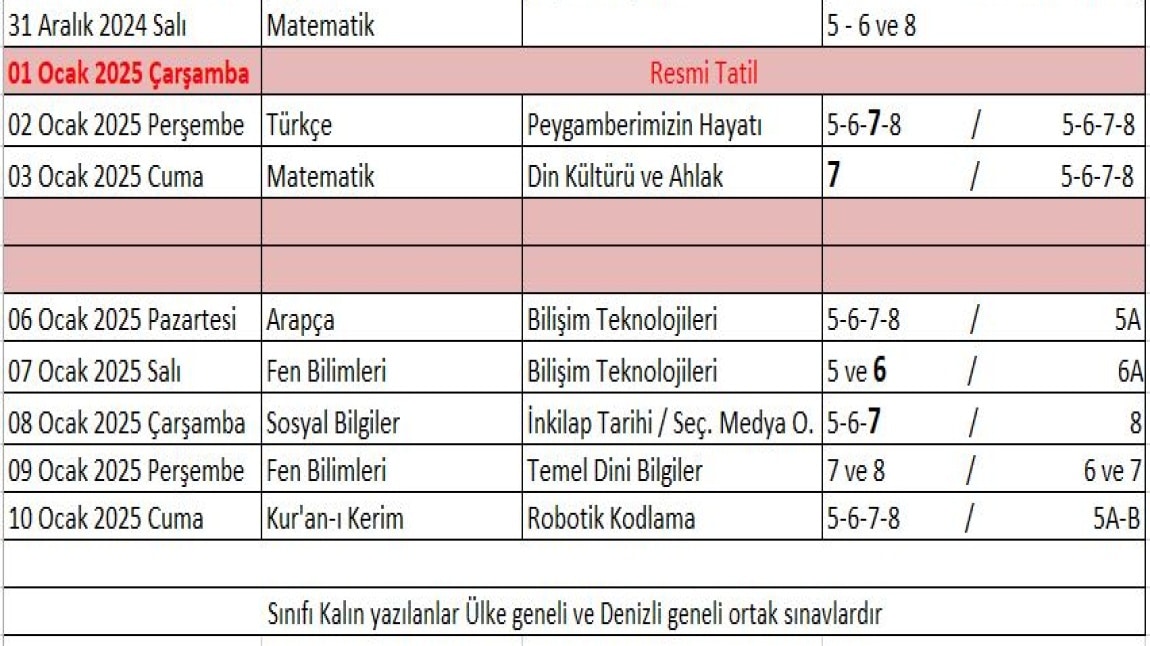 1. Dönem 2. Yazılı Tarihleri Belli Oldu